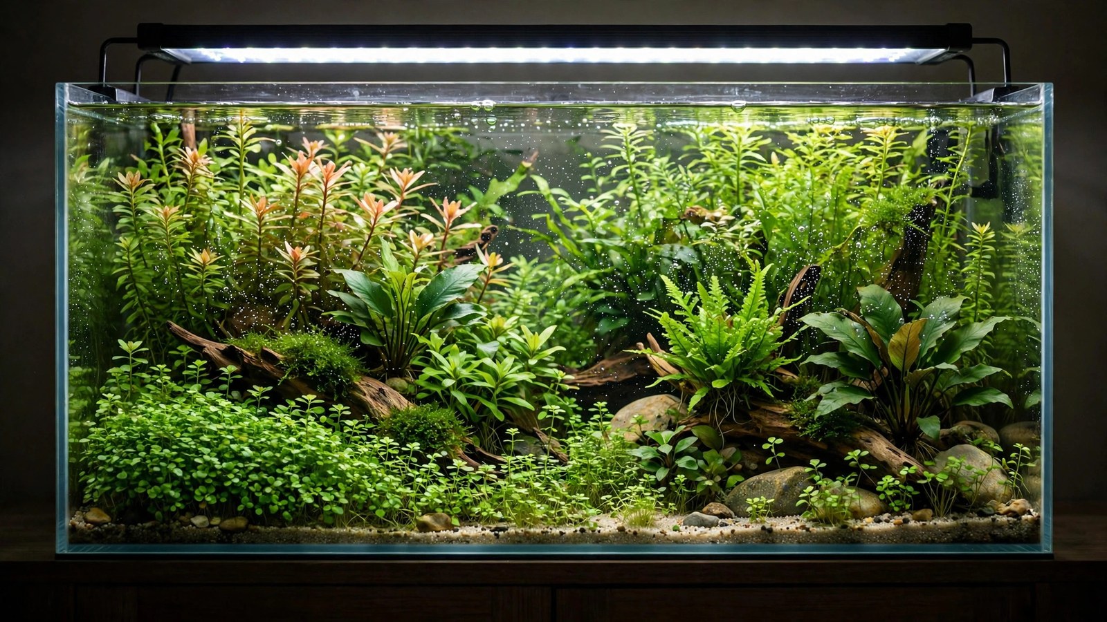 Hand adjusting a dimmable LED aquarium light above thriving plants
