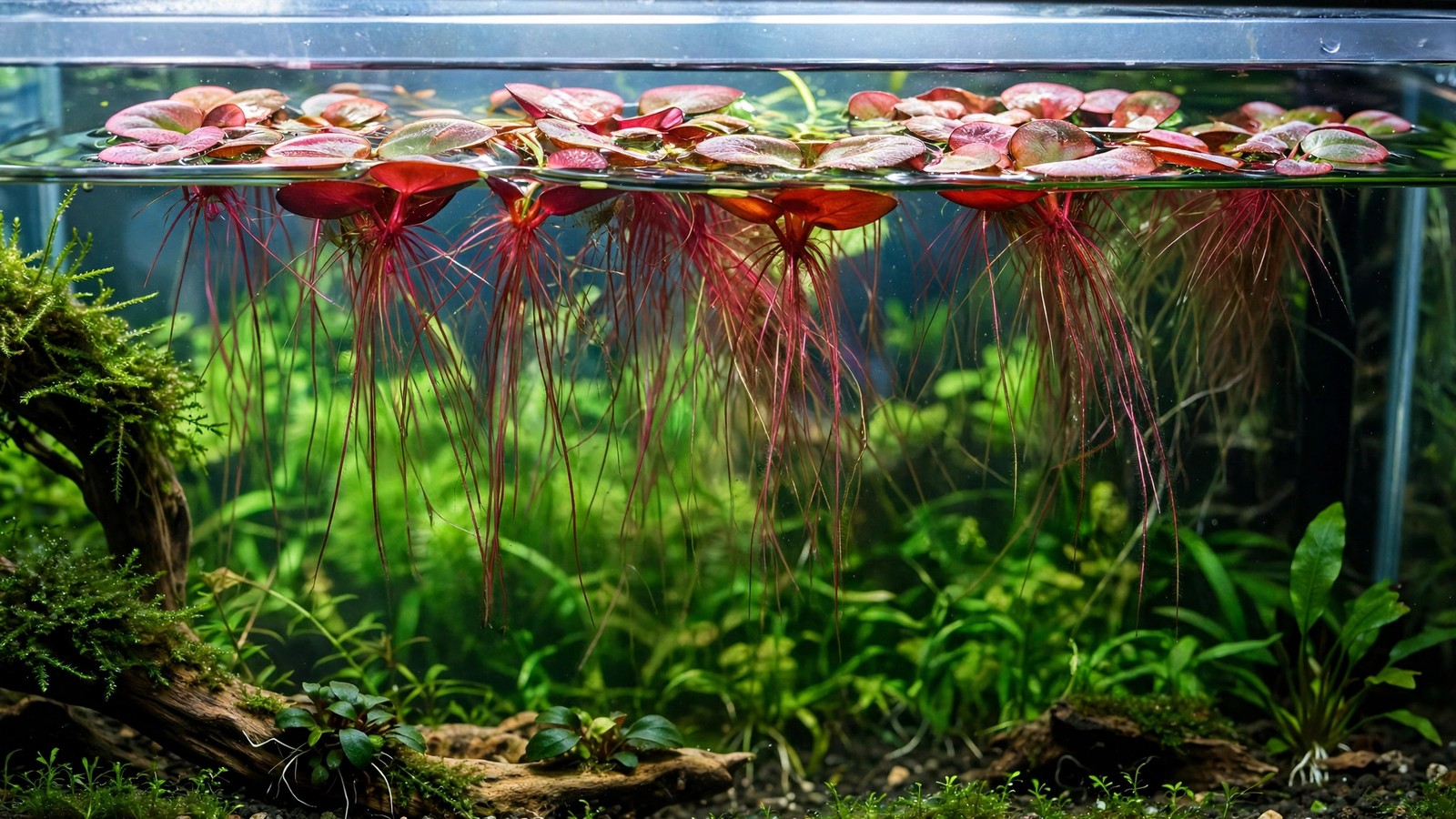 Red root floater rosettes with crimson roots and reddish leaves on aquarium surface