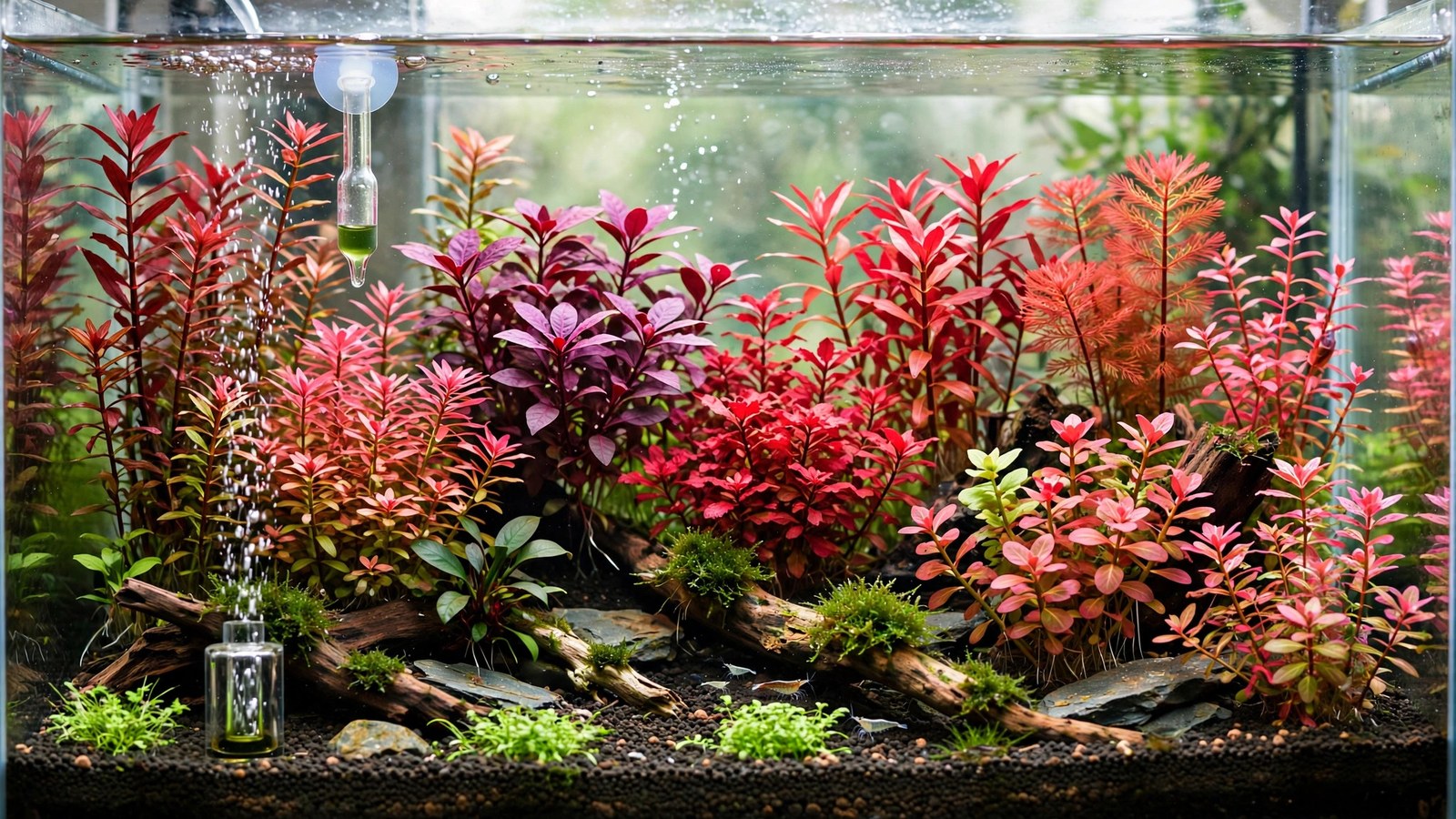 Crimson rotala and ludwigia stems glowing red in a bright planted aquarium