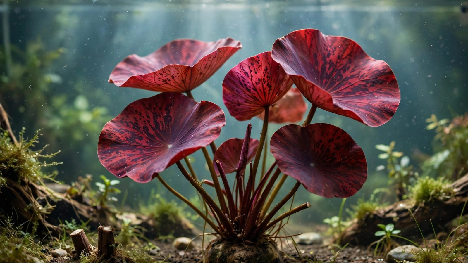 Red tiger lotus with deep red-purple leaves in a planted aquarium