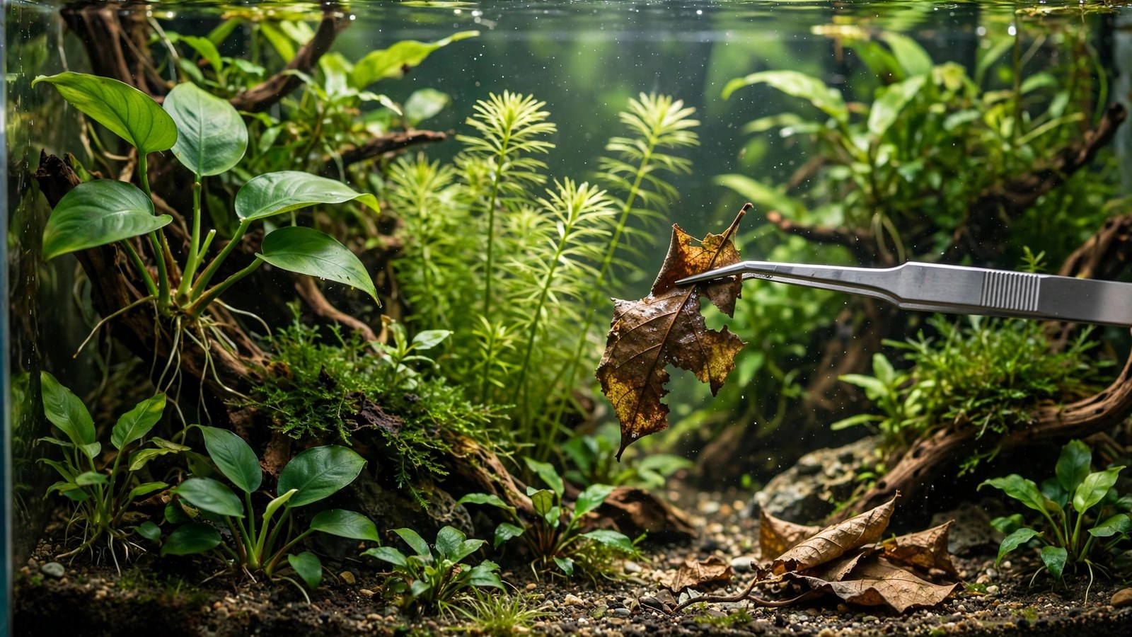 Tweezers removing a melted yellow leaf from a cryptocoryne plant