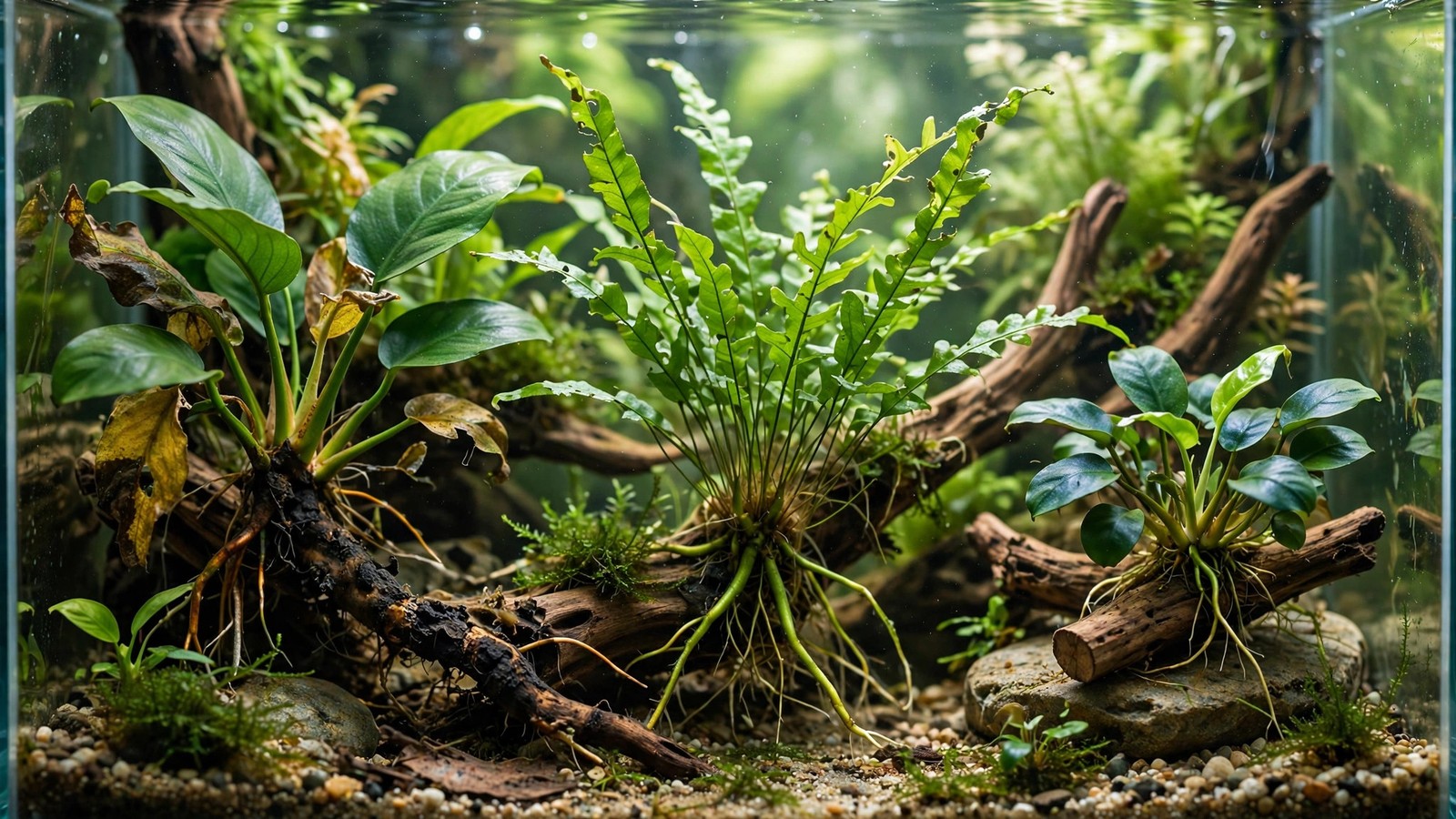 Anubias rhizome with rot being trimmed during rescue surgery