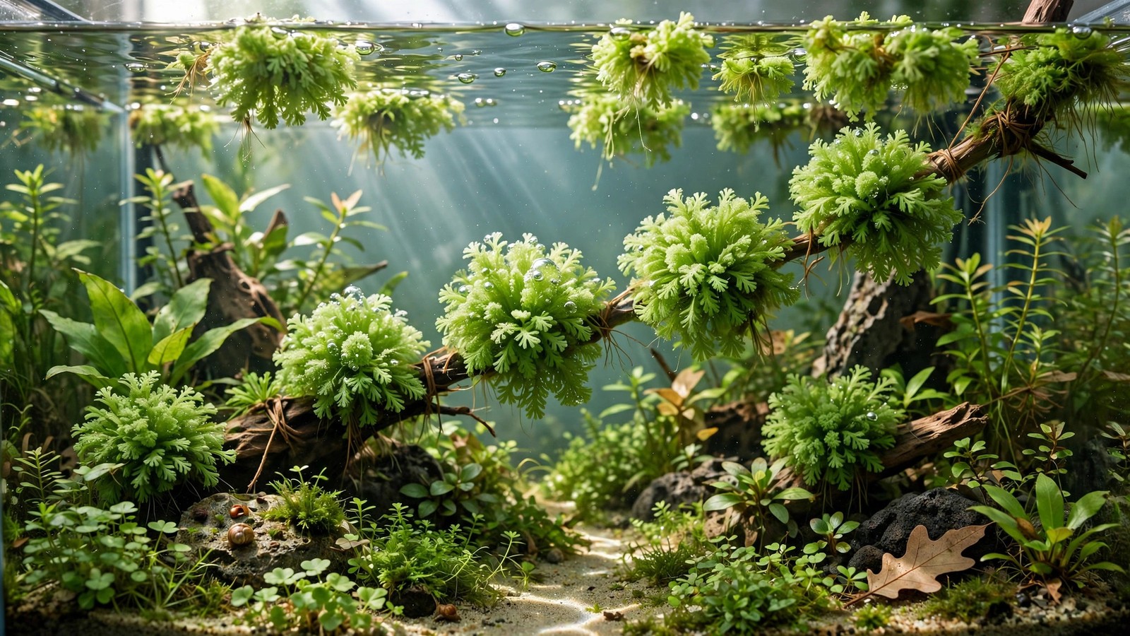 Bright green Riccia fluitans crystalwort forming a glowing mat at the water surface