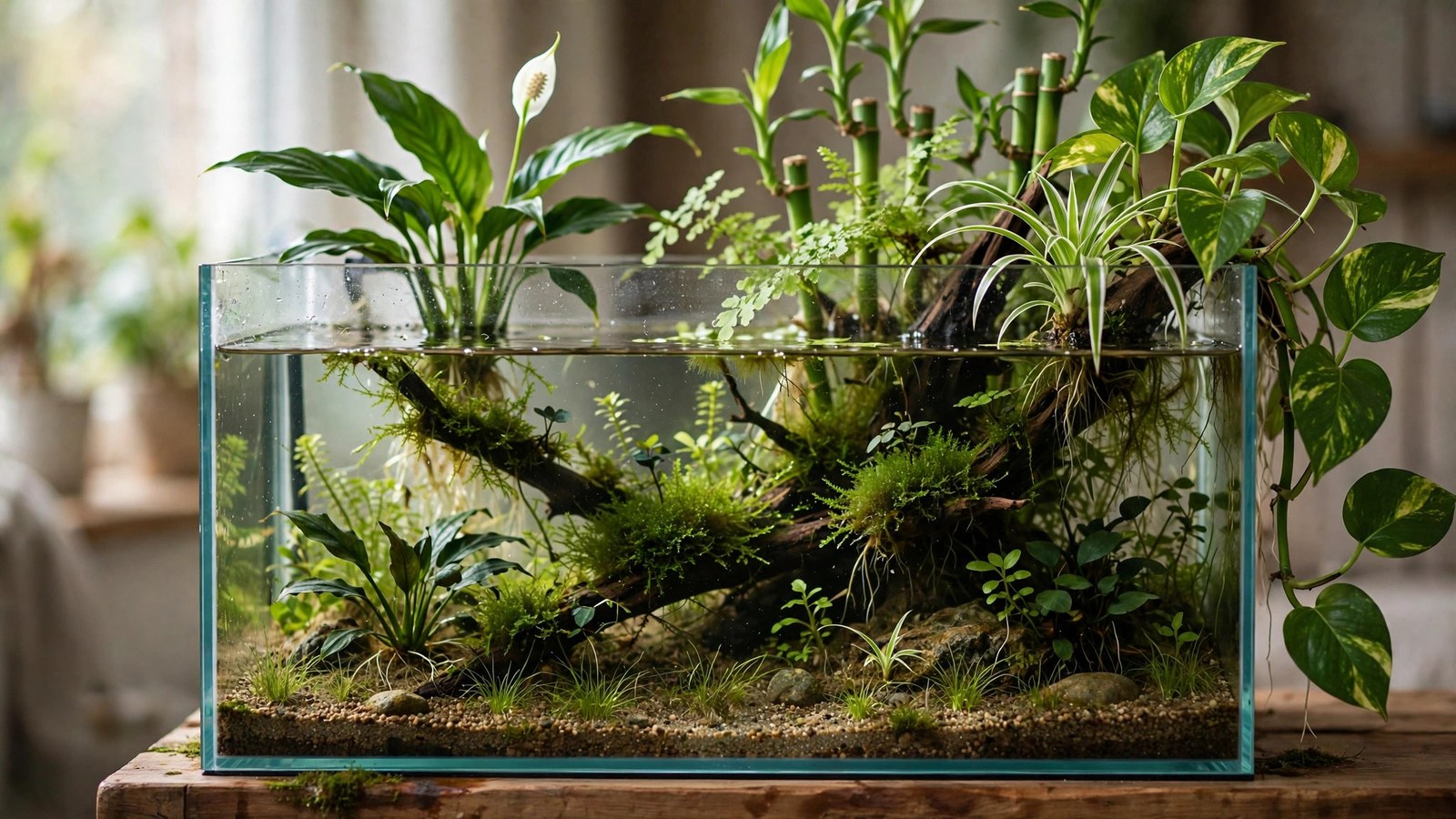 Riparium aquarium with peace lilies and pothos growing emersed above the waterline