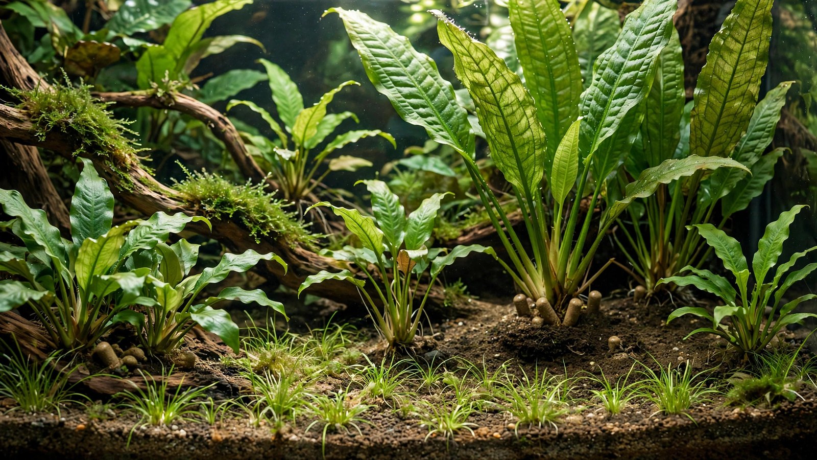 Tweezers pushing a fertilizer root tab deep into aquarium substrate near plants