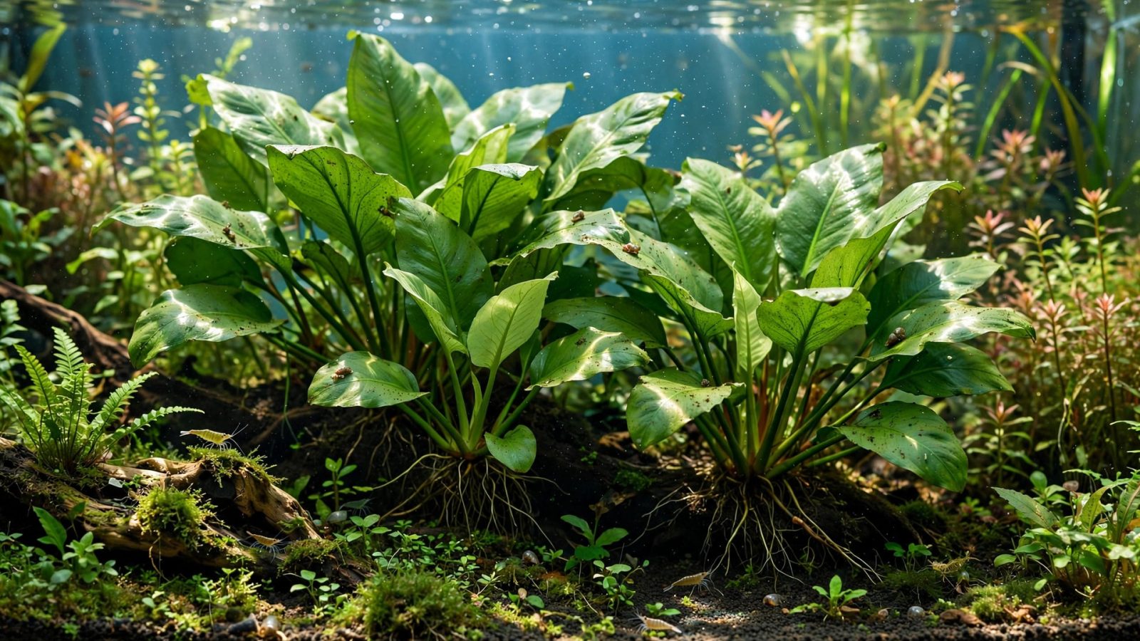 Lush aquarium with large healthy amazon sword plants in dark substrate
