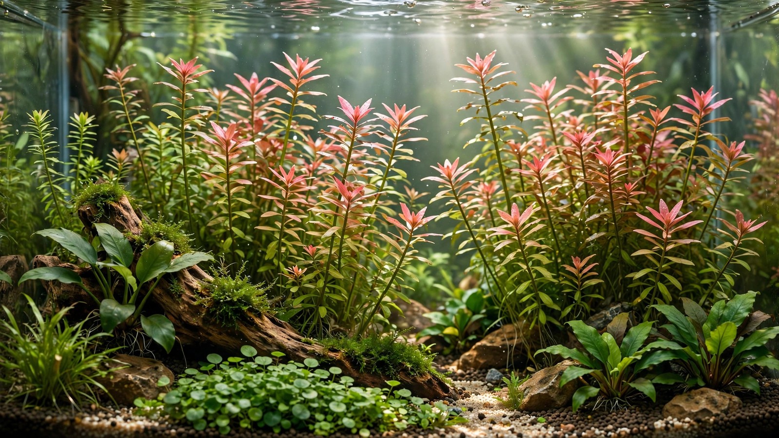 Pink-tipped Rotala rotundifolia stems growing densely in a planted aquarium background
