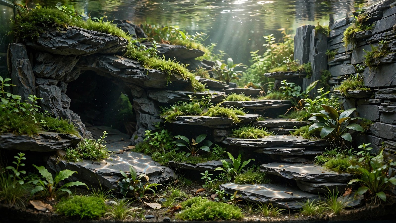 Stacked slate stone terrace wall with plants in an aquascaped aquarium