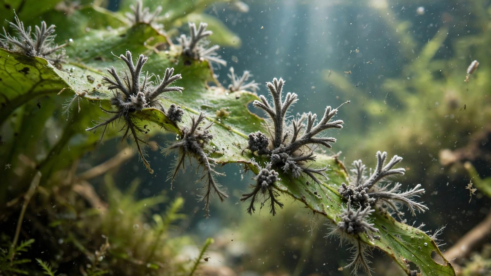 Grey branching staghorn algae tufts on aquarium plant leaf edges