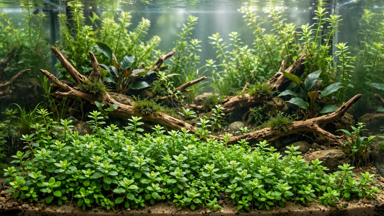Staurogyne repens forming a bright green low carpet in the foreground of a planted tank