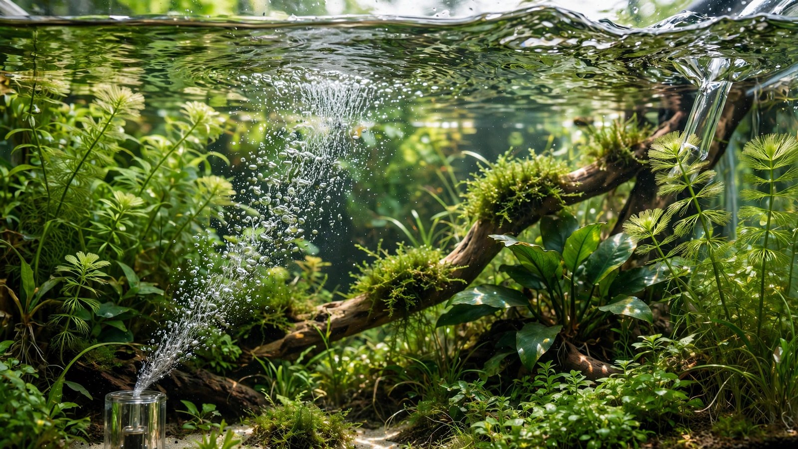 Gentle ripples across aquarium surface from a spray bar above plants