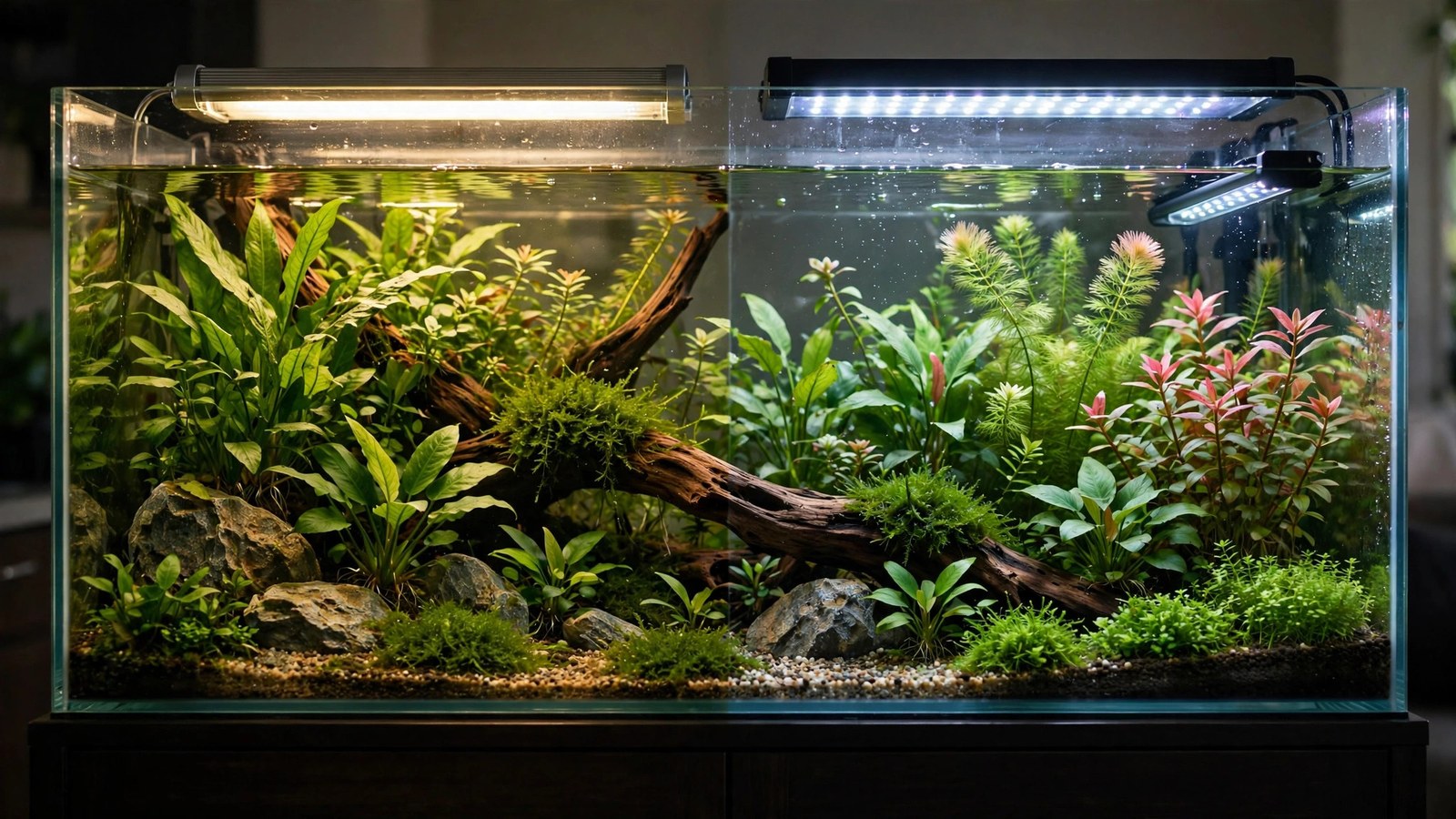 T5 fluorescent fixture beside a slim LED bar over planted aquariums