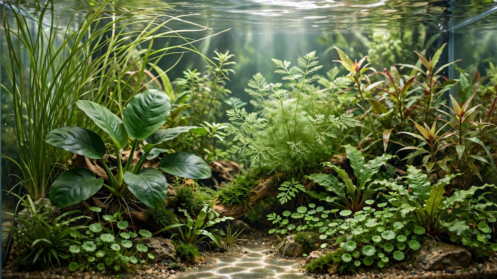 Close-up of contrasting aquarium plant textures with feathery stems beside broad anubias leaves
