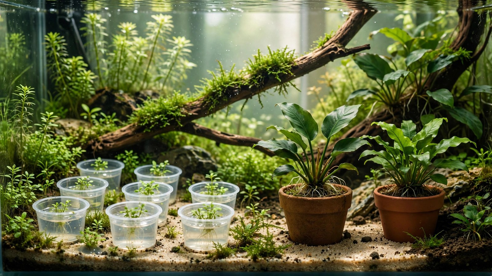 Tissue culture cup beside a potted aquarium plant showing both formats