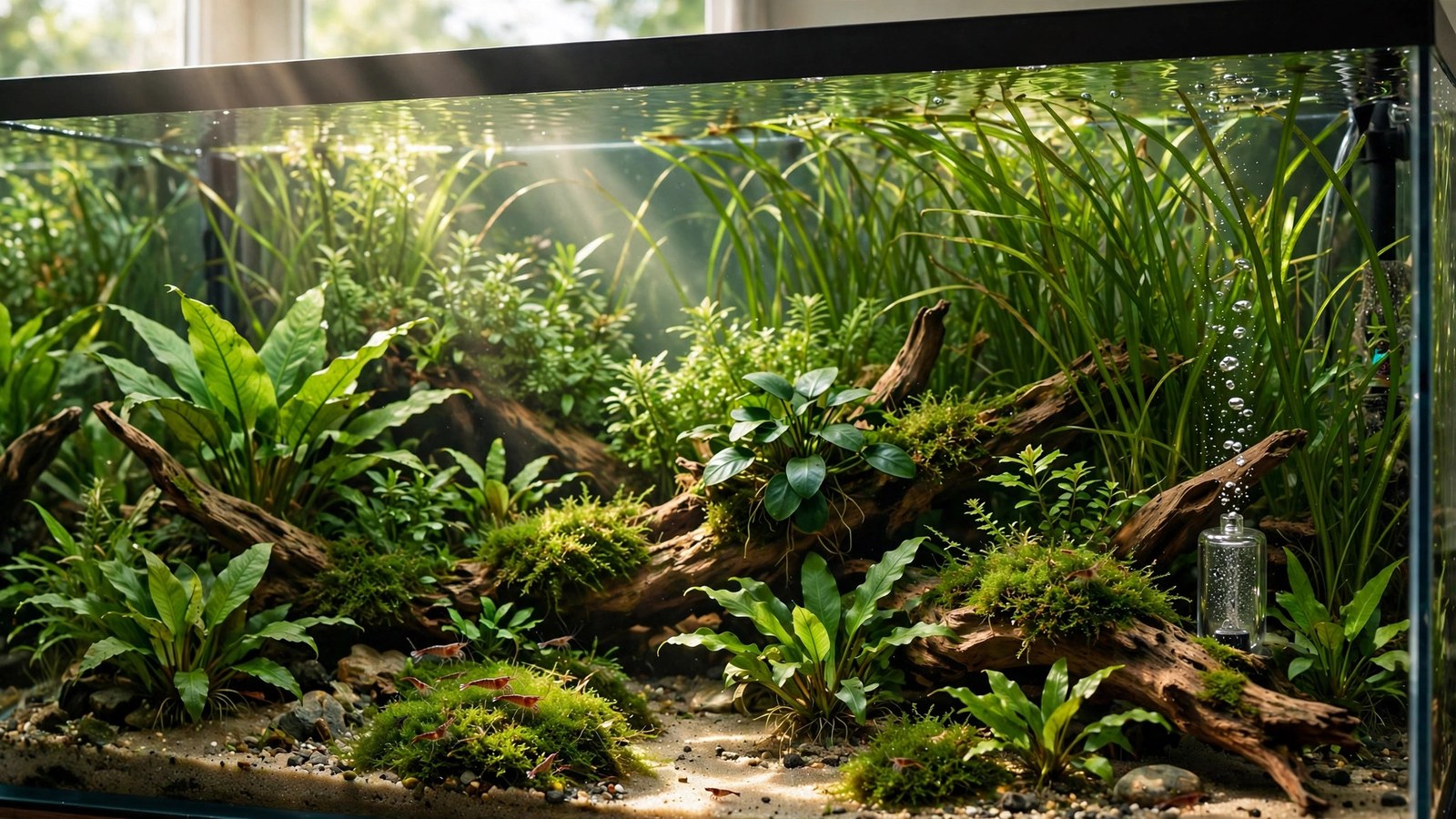 Healthy planted aquarium running on a light timer during owner's vacation