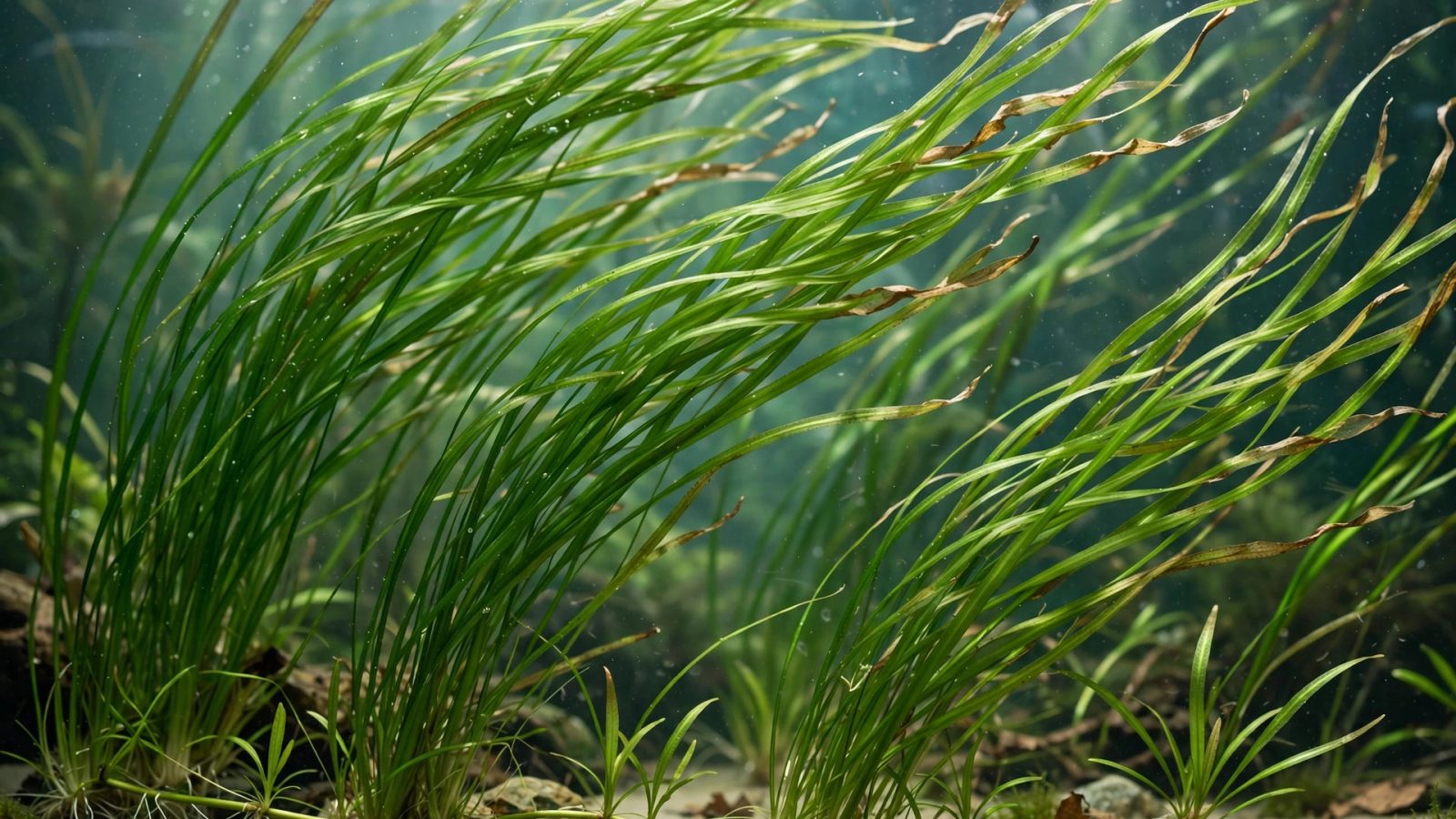 Tall vallisneria leaves swaying in the current of a planted aquarium