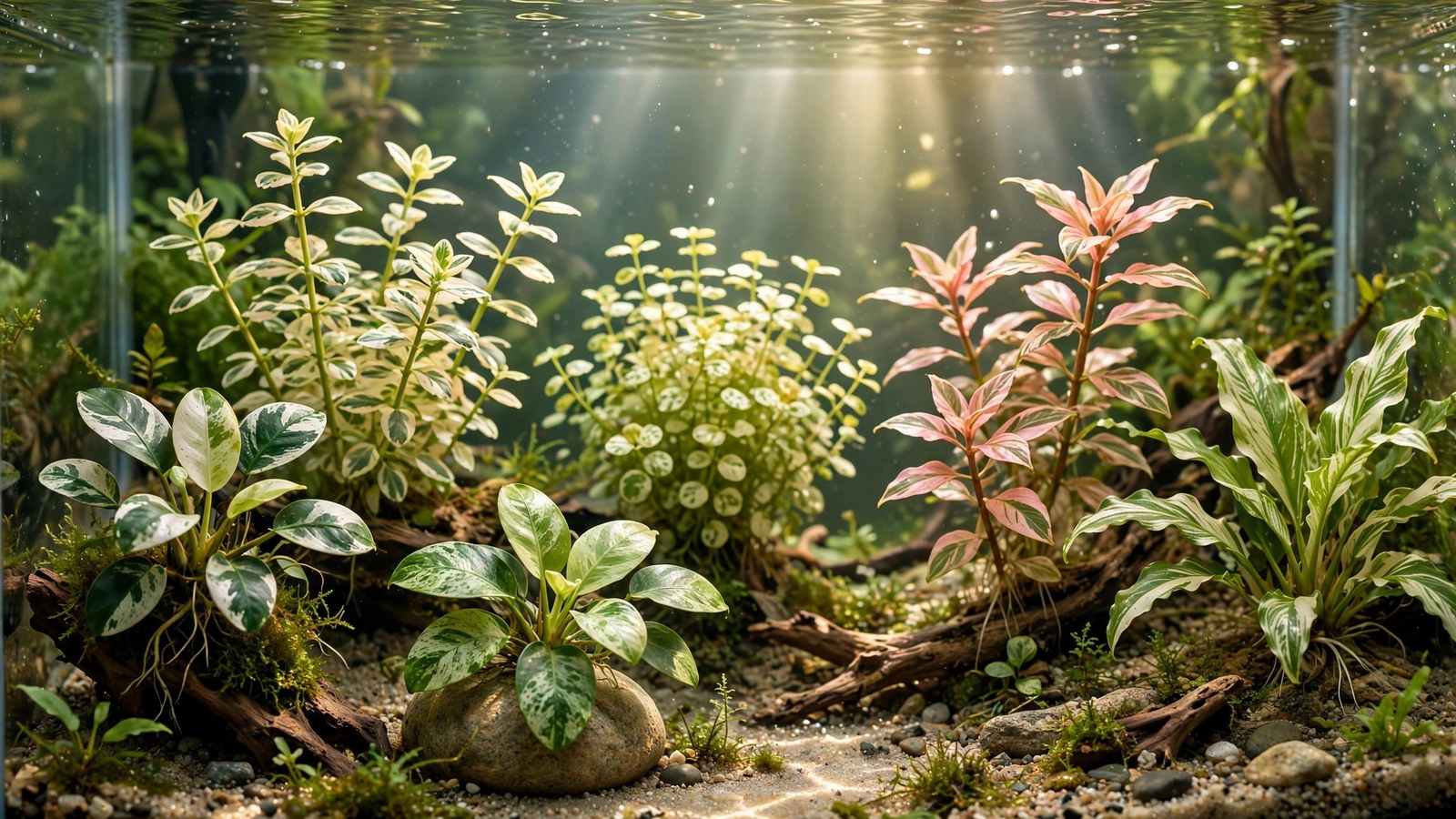 Marbled white and green variegated anubias leaves on driftwood