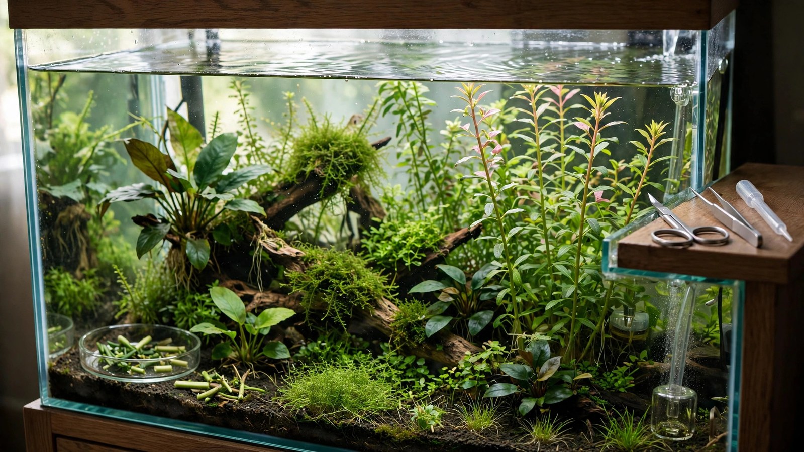 Aquarist trimming stem plants with aquascaping scissors during weekly maintenance