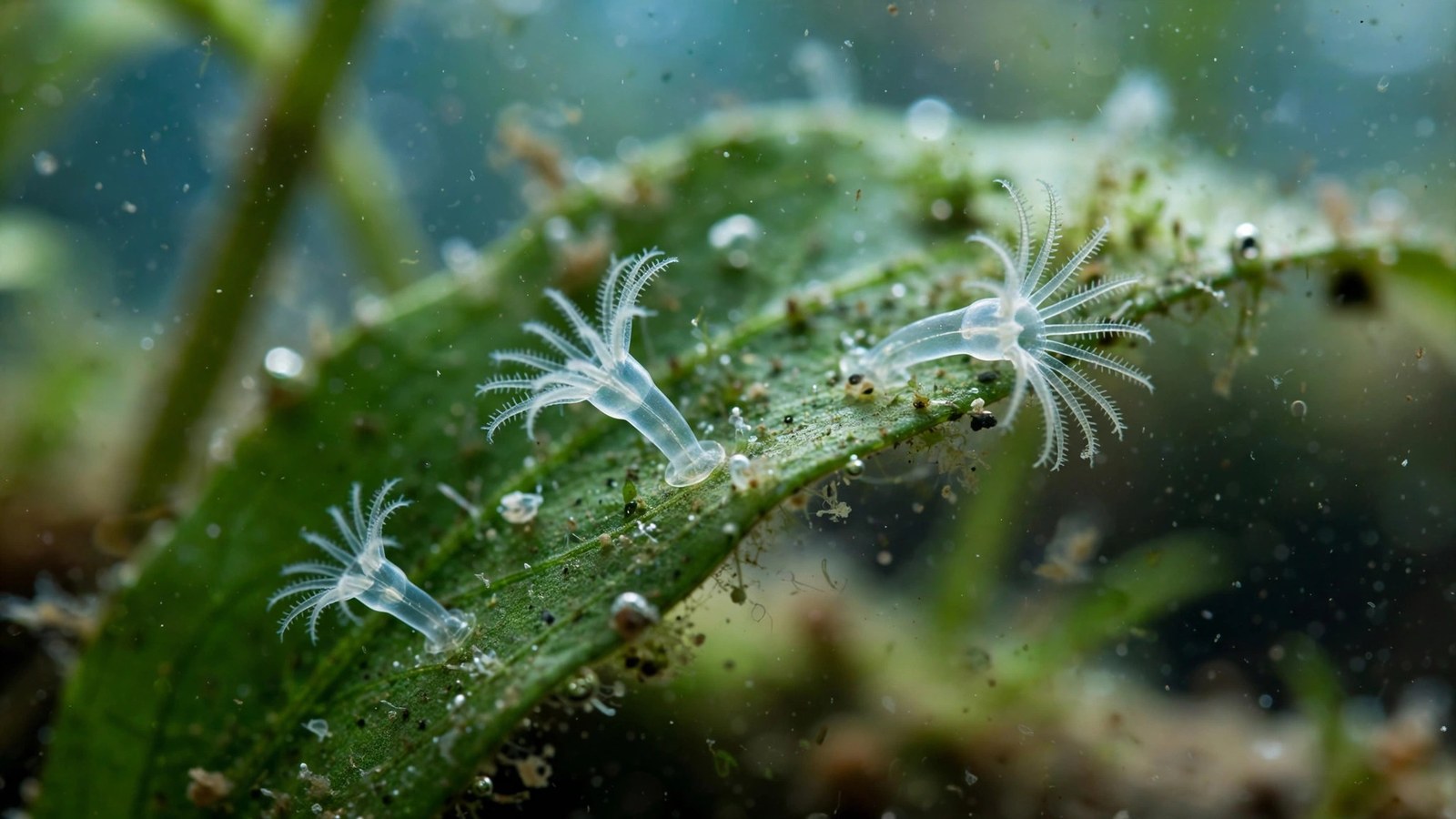 Tiny hydra polyps visible on aquarium glass in a planted tank