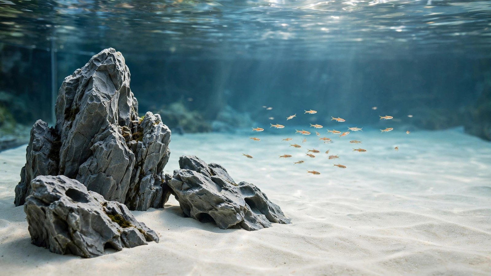Aquascape with dramatic open negative space around central driftwood