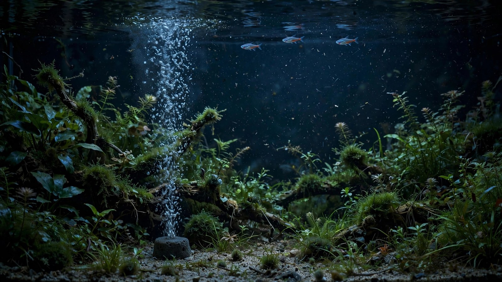 Fish resting near the surface of a dim planted aquarium before dawn