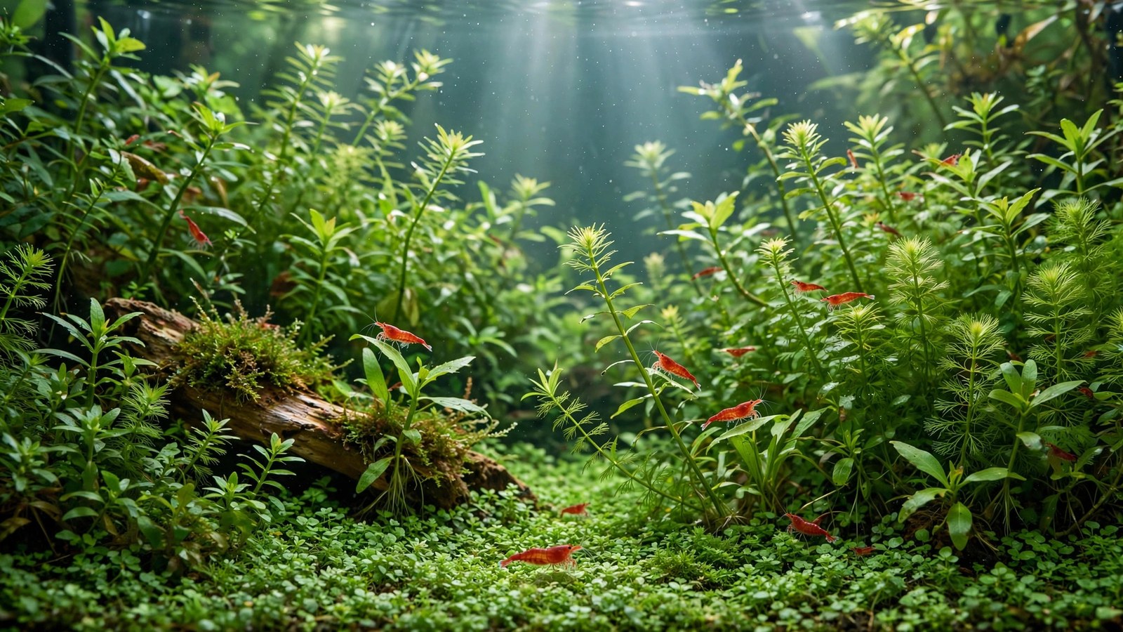 Lush filterless planted nano aquarium with cherry shrimp and no visible equipment
