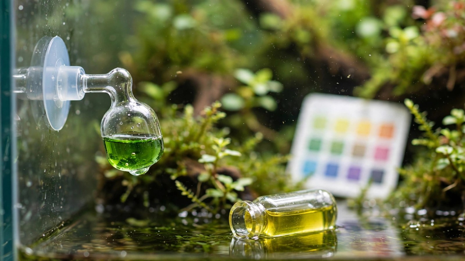 Glass CO2 drop checker and test vial beside a planted aquarium