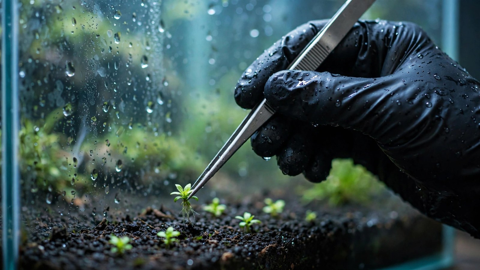Hands using tweezers to plant tiny tissue culture plantlets into aquarium soil