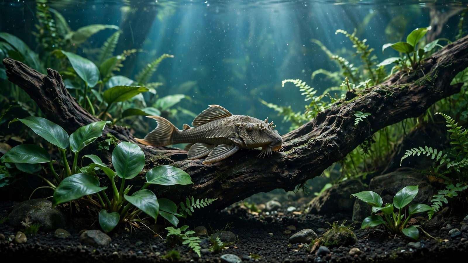 Bristlenose pleco resting among anubias and java fern attached to driftwood