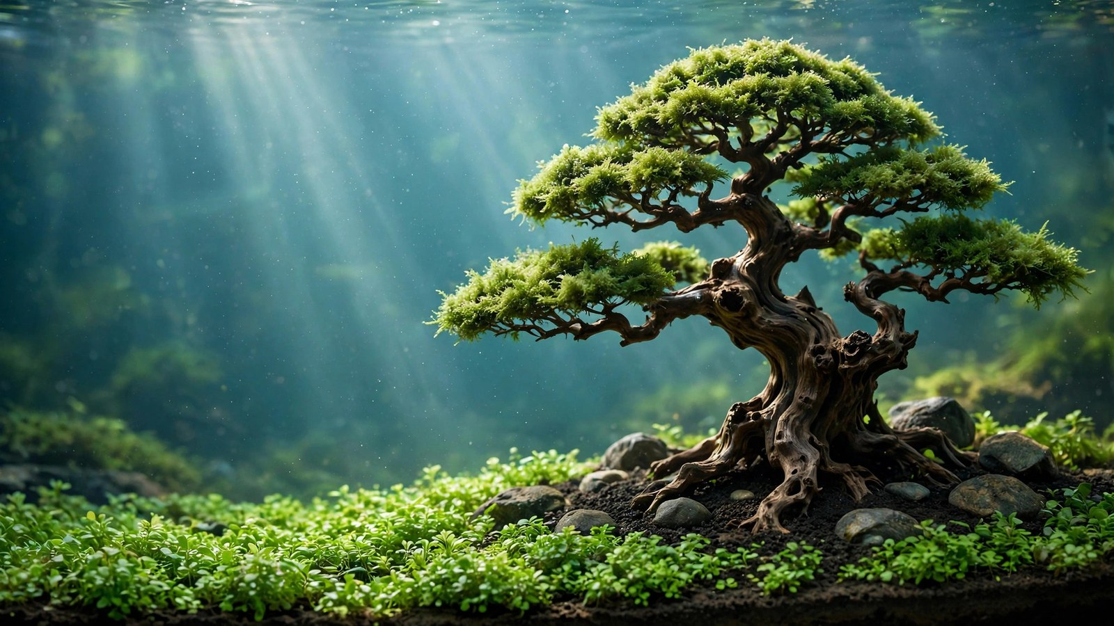 Bonsai-style driftwood tree aquascape with moss canopy and green carpet foreground