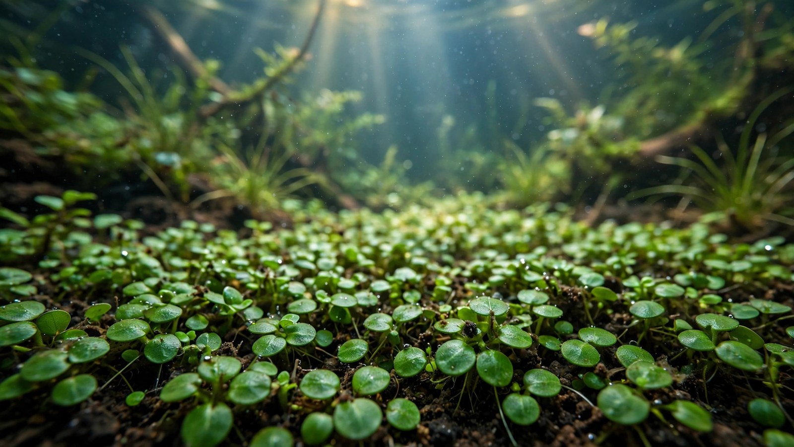 Dense bright-green glossostigma elatinoides carpet spreading across aquarium foreground substrate