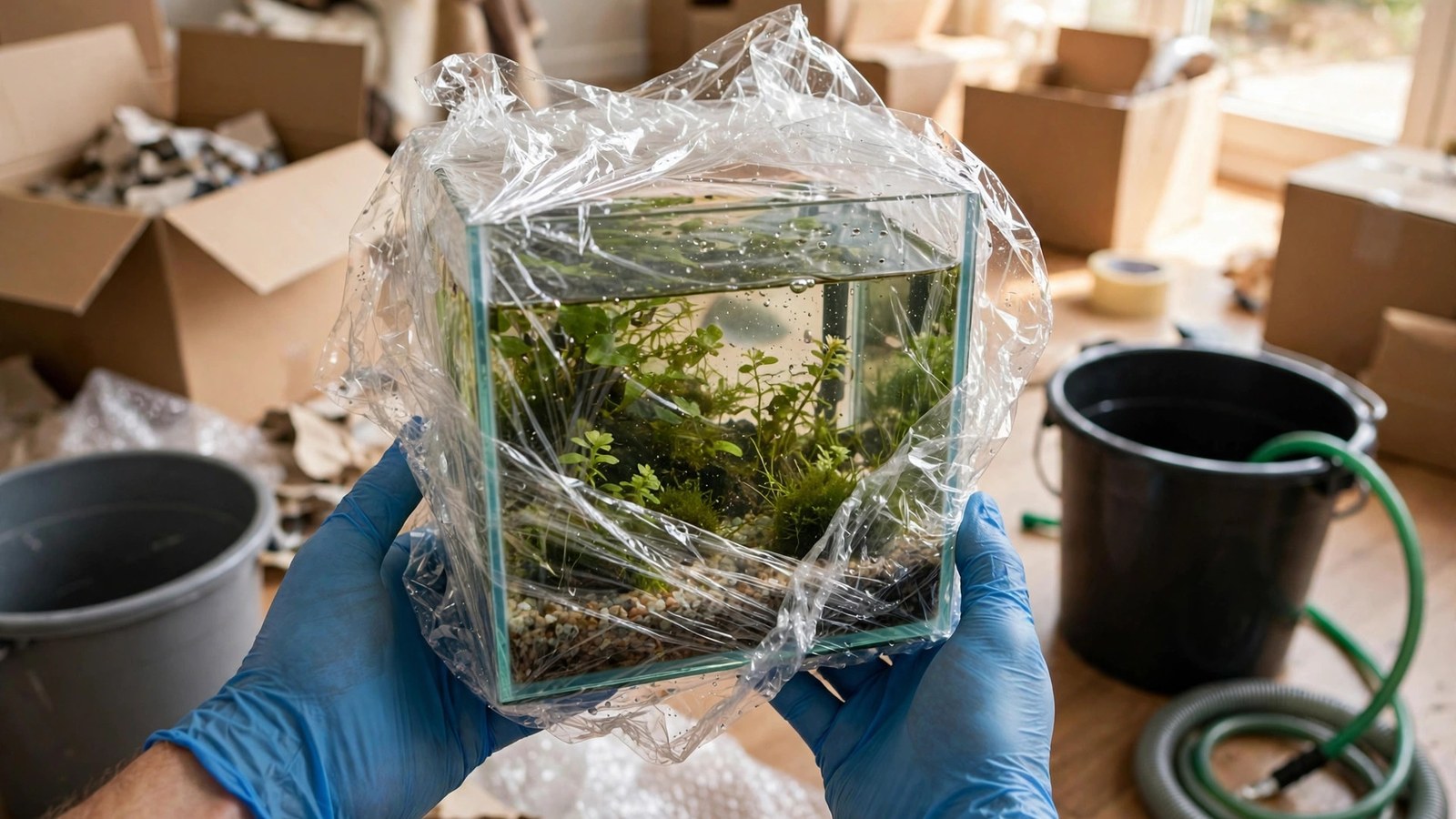 Planted aquarium wrapped in plastic film during a house move with buckets nearby