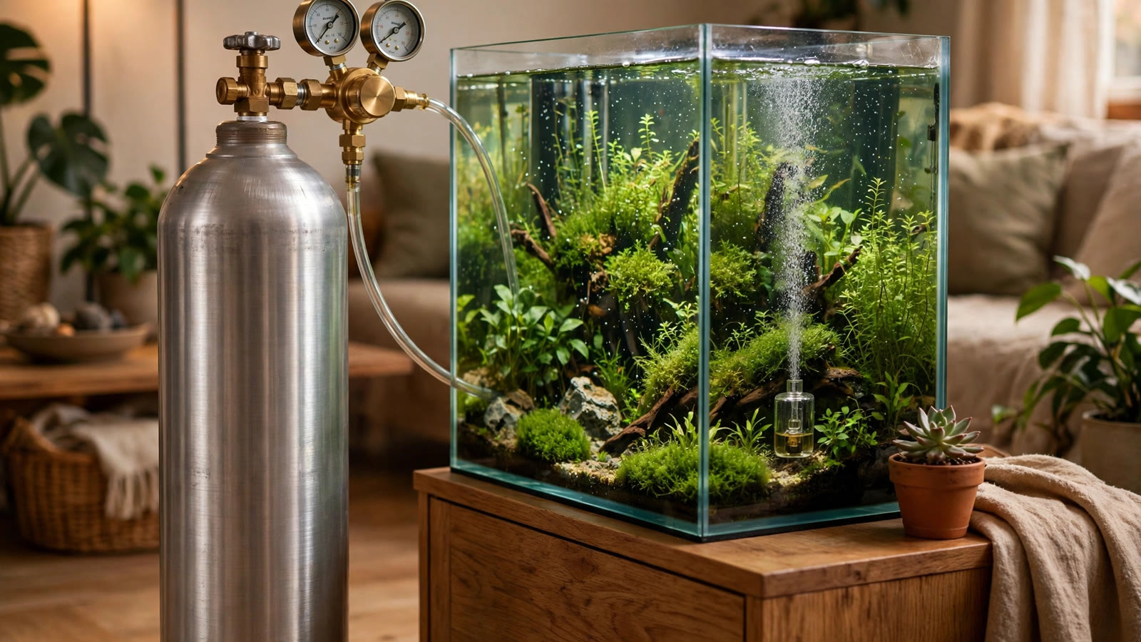 Aluminum CO2 cylinder next to a planted aquarium, illustrating typical CO2 cylinder refill costs and refill locations