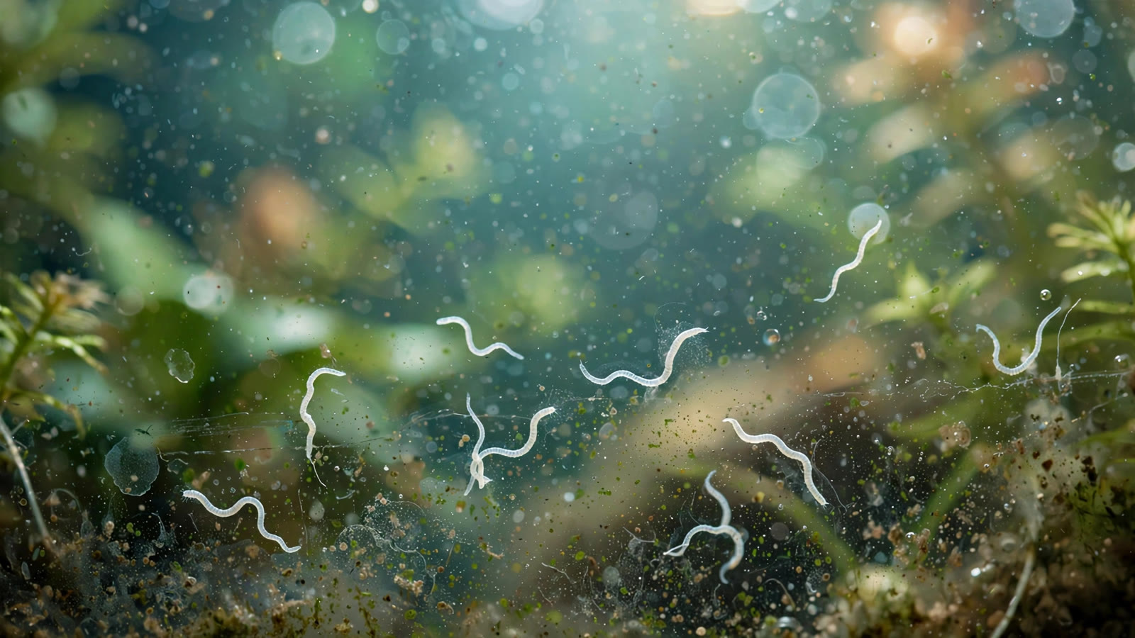 White detritus worms on aquarium glass in a planted tank, magnified view