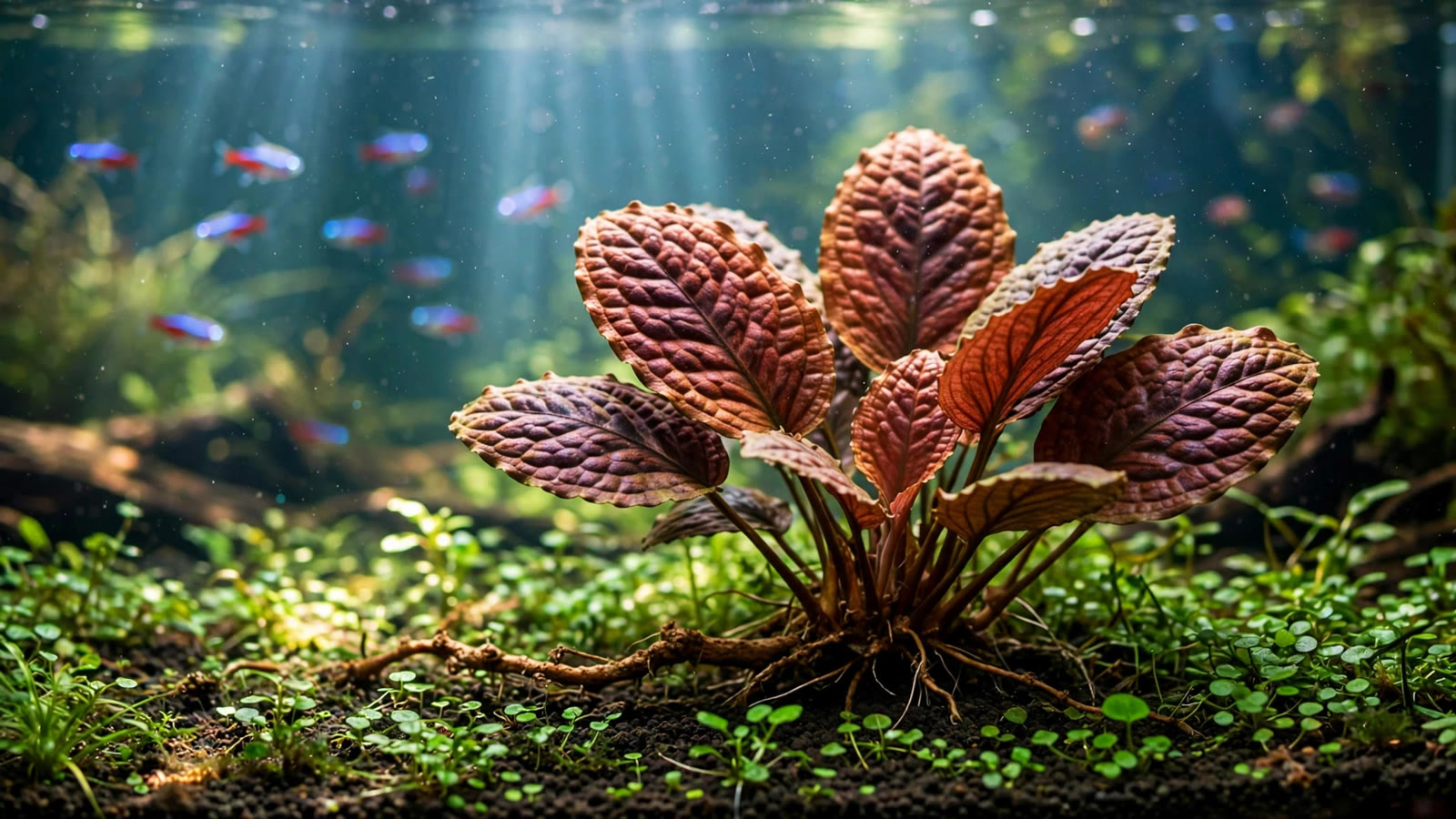 Lagenandra meeboldii 'Red' rosette with wine-red leaves in a planted aquarium midground