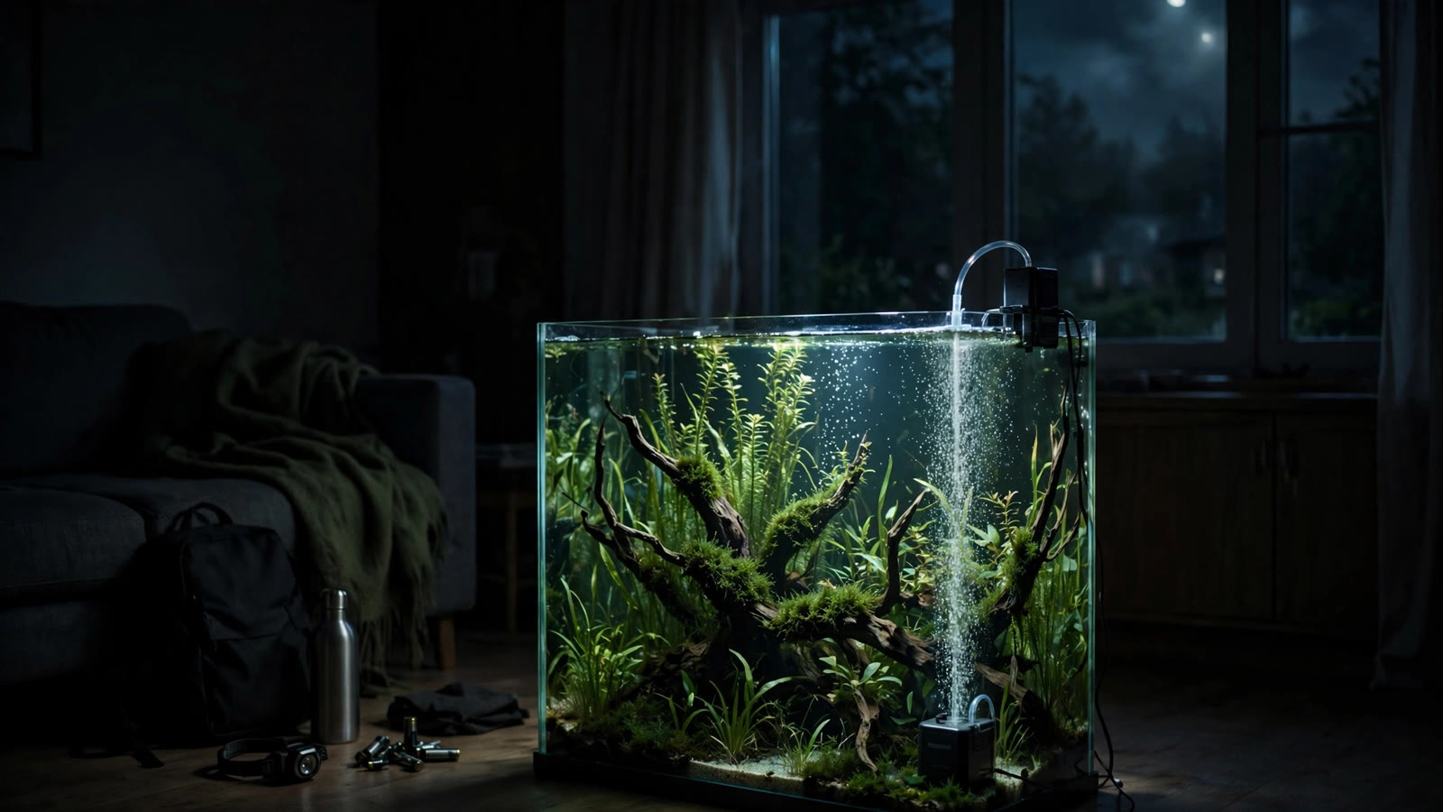 Dim aquarium with plants and air stone running on battery backup during a power outage