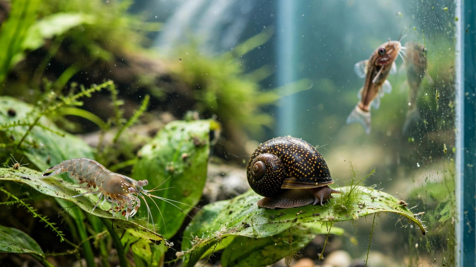 Amano shrimp, nerite snail, and otocinclus catfish grazing algae on plants in a planted aquarium