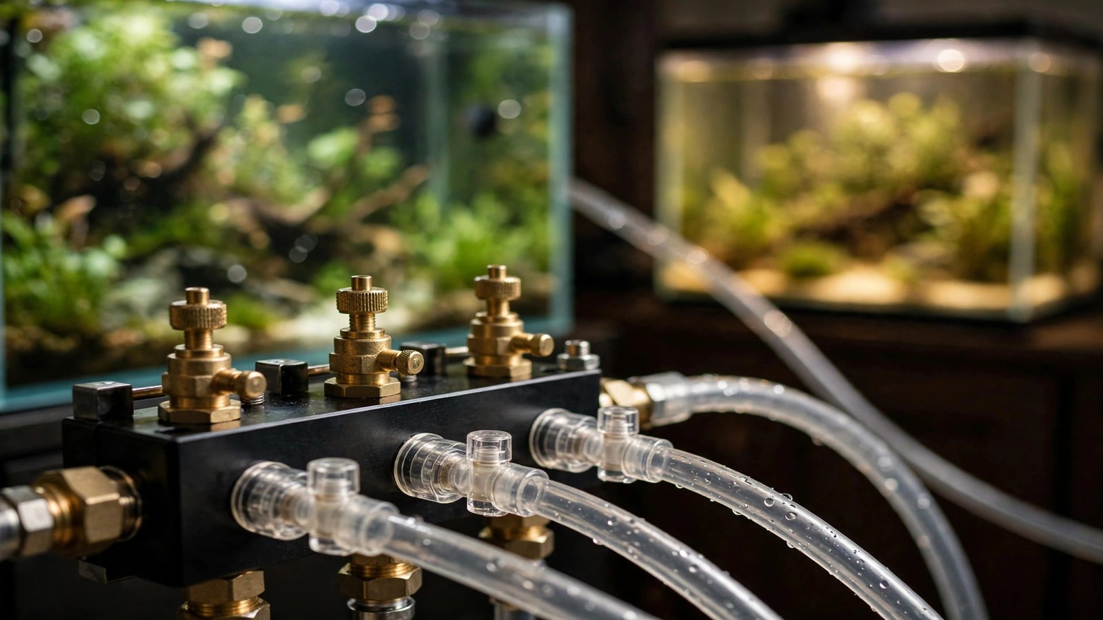 Close-up of a CO2 manifold splitter block with needle valves, check valves, and tubing running to two planted aquariums