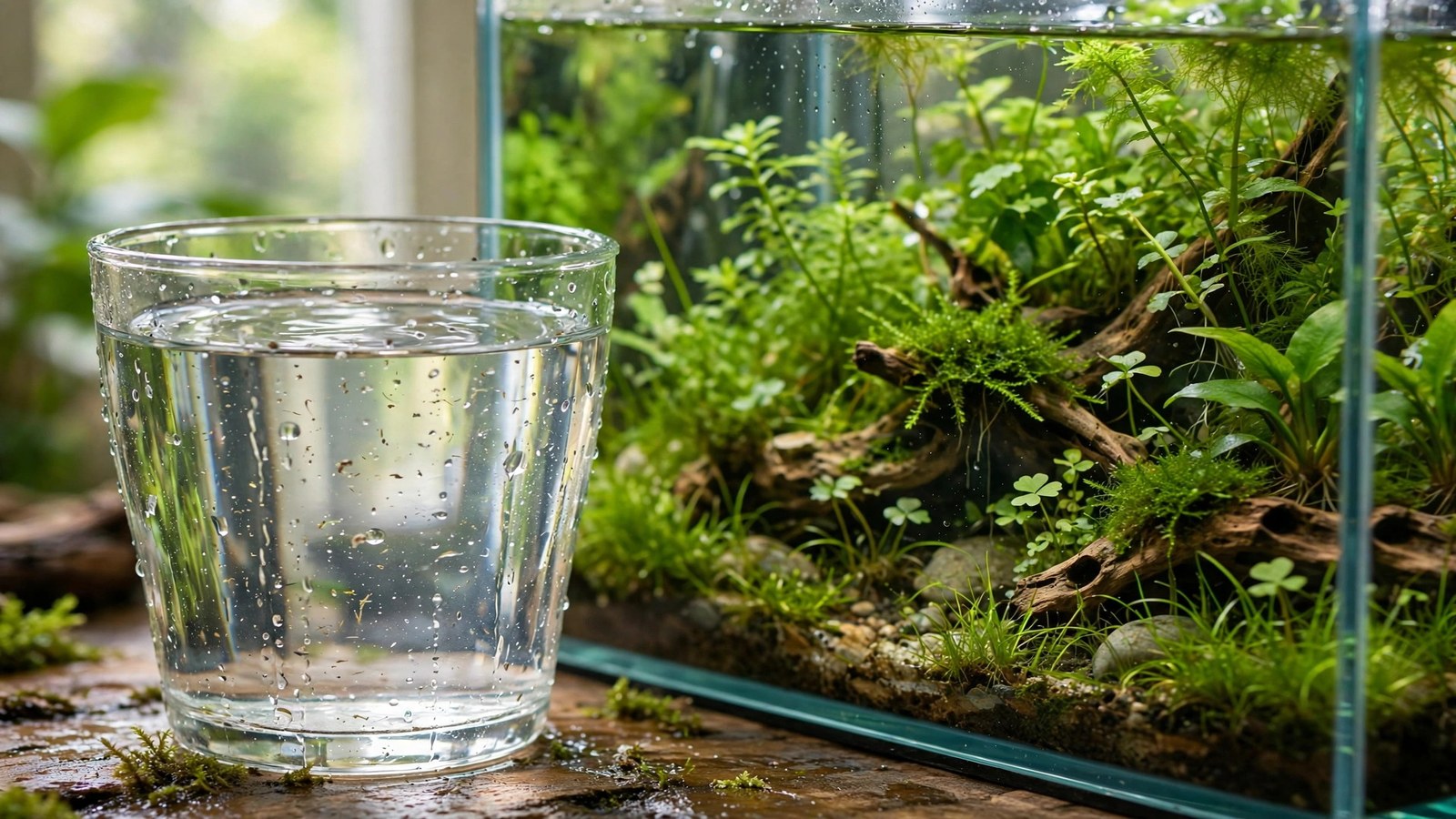 Collected rainwater being tested in a glass cup beside a lush planted aquarium with green plants and soft natural light