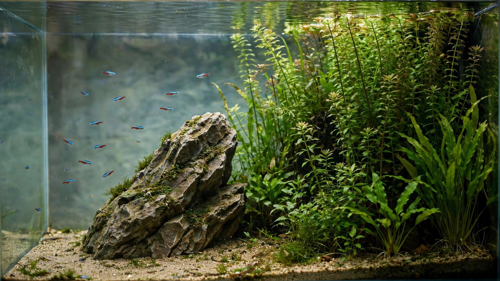 Planted aquarium layout diagram showing the rule-of-thirds grid with the main stone on a power point