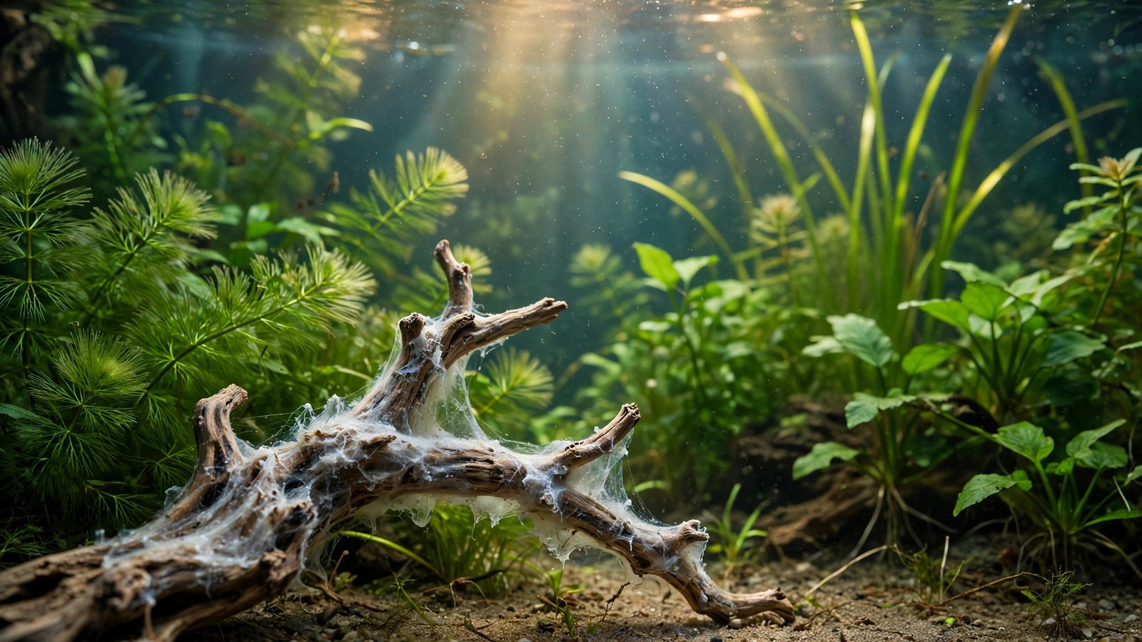 New driftwood in a planted aquarium covered in a thin layer of white biofilm during the first weeks