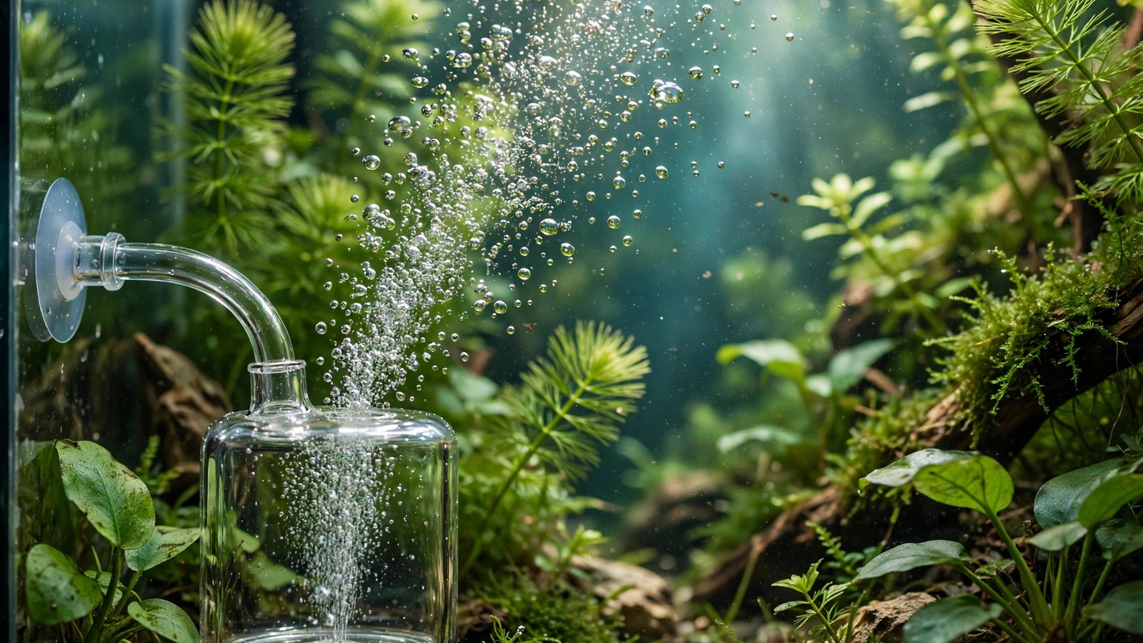 Ceramic CO2 diffuser producing a fine mist of micro-bubbles in a planted aquarium