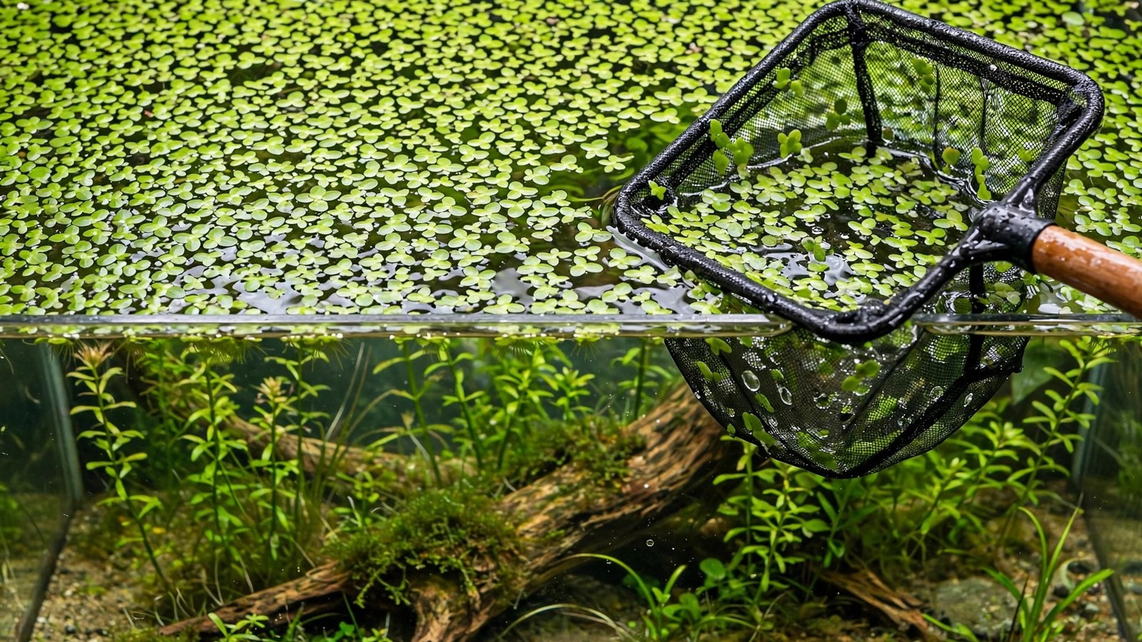 Close-up of duckweed fronds covering an aquarium water surface with a hand skimming them with a fine net