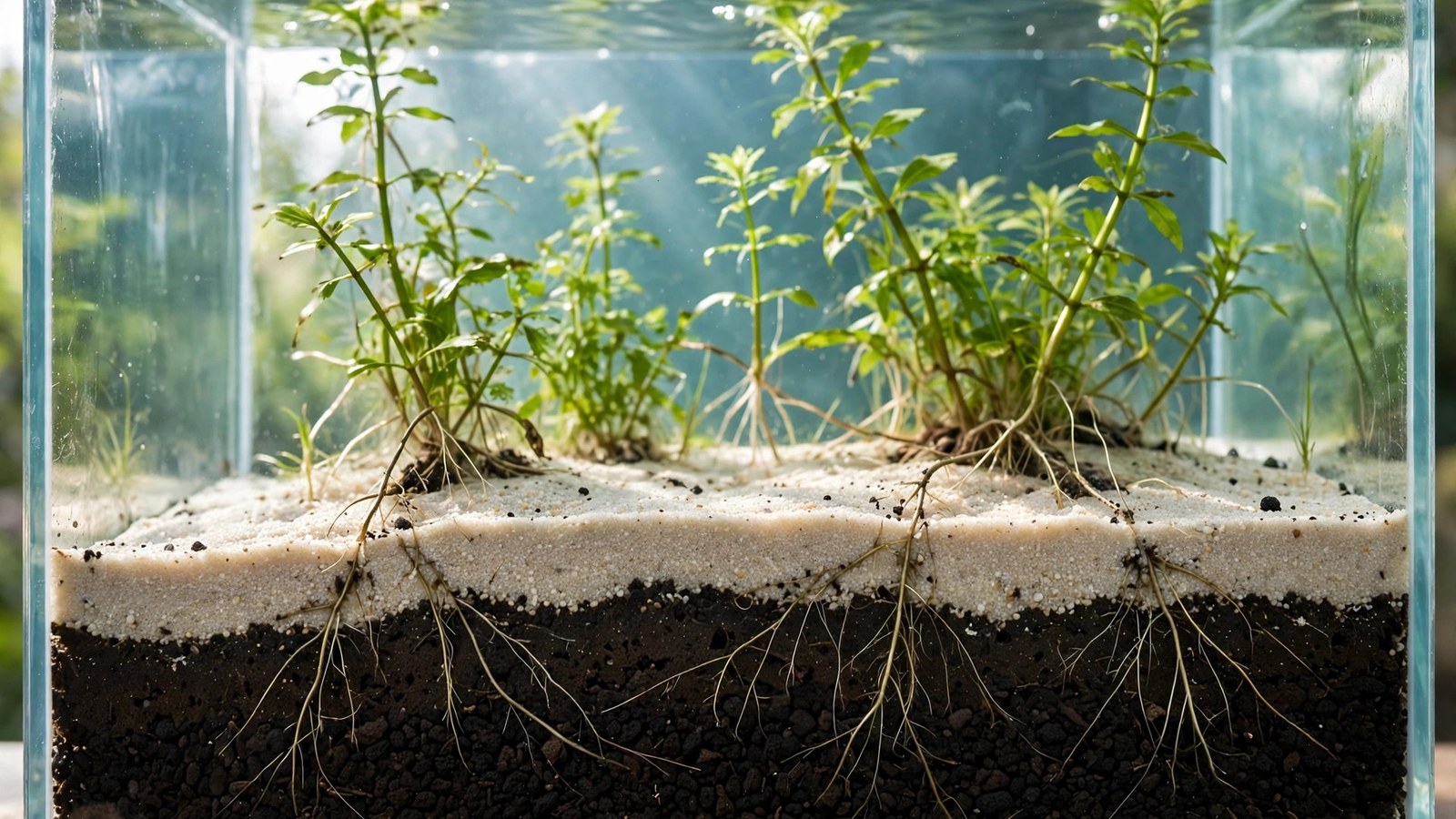 Planted aquarium with a pale sand cap over dark aquasoil in the foreground