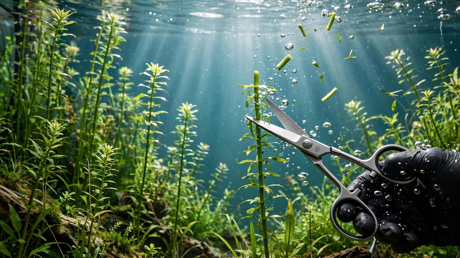 Aquarist trimming rotala stems with curved aquascaping scissors above a leaf node