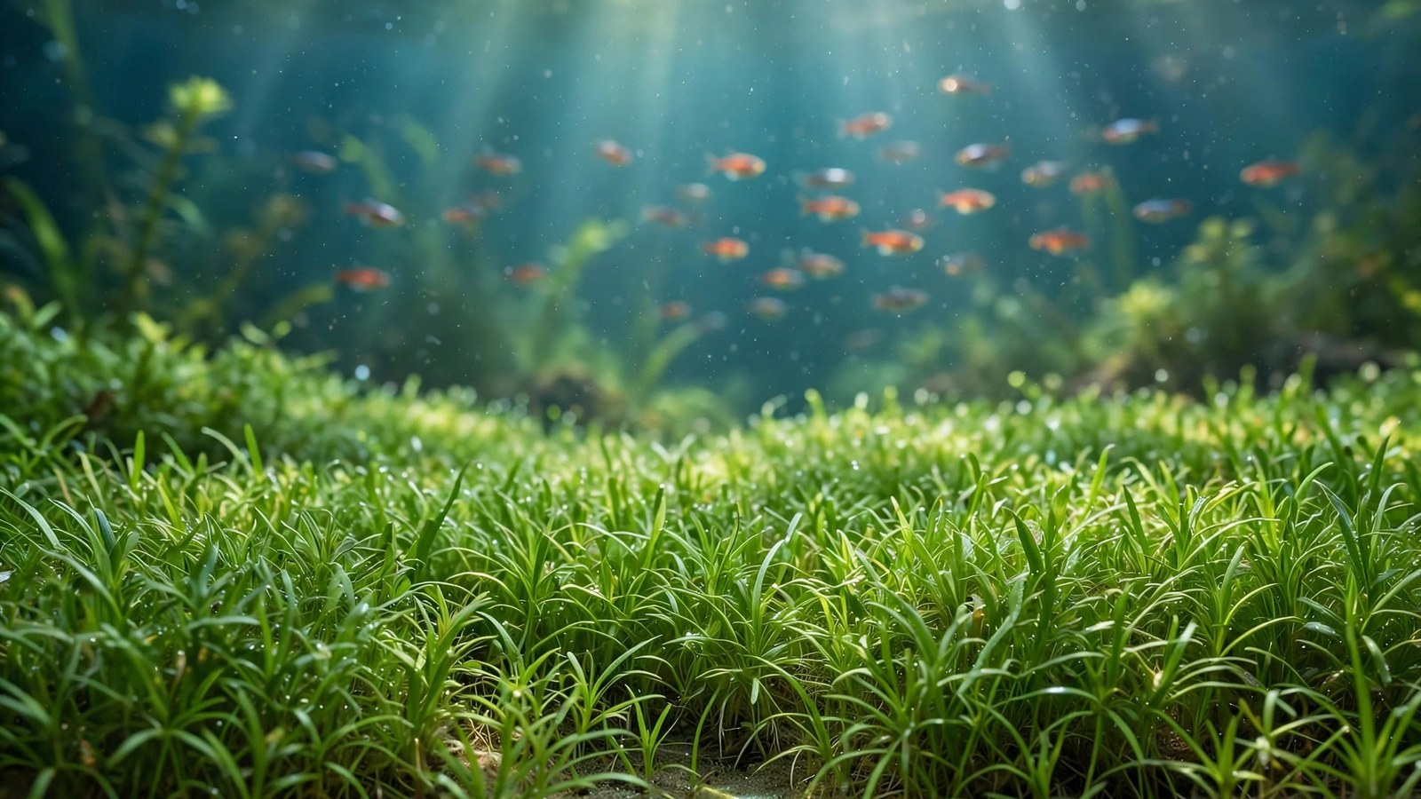 Close-up of a lush utricularia graminifolia carpet plant with fine grass-like green leaves in a planted aquarium