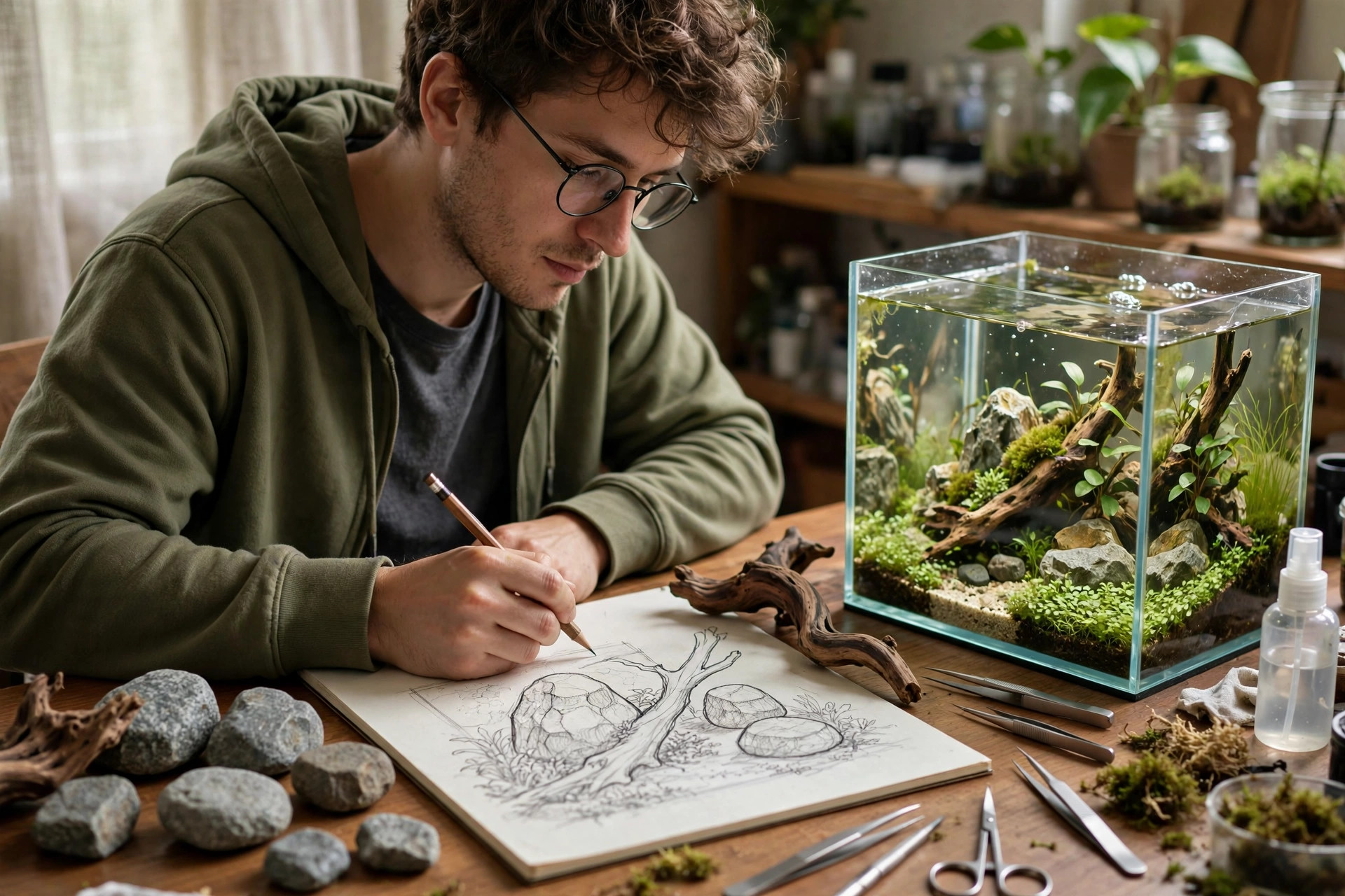 Aquarist sketching an aquascape layout with iwagumi stones and driftwood on paper beside a nano planted tank