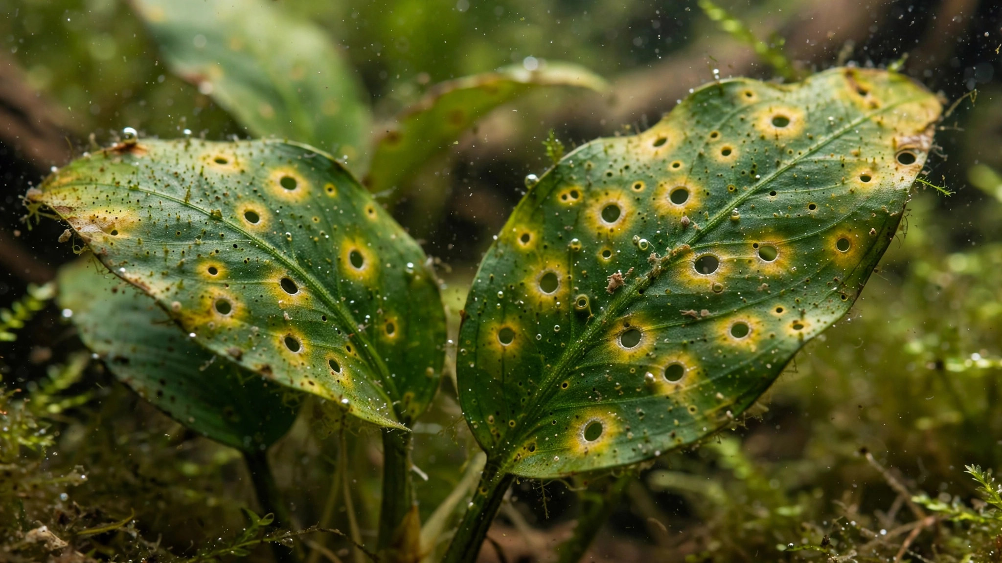 Close-up of aquarium plant leaves with small round pinholes and yellow halos from potassium deficiency in a planted tank