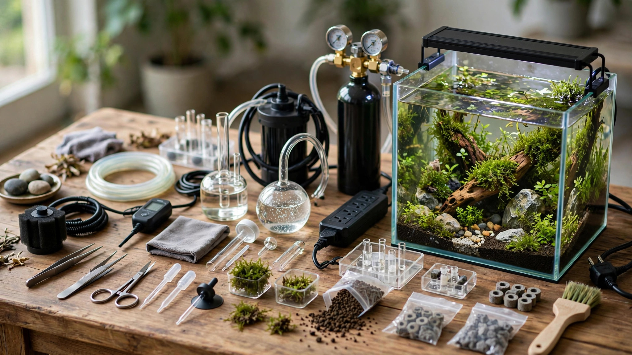 Itemized price breakdown of a planted aquarium showing nano, mid-size and high-tech setup costs with equipment laid out