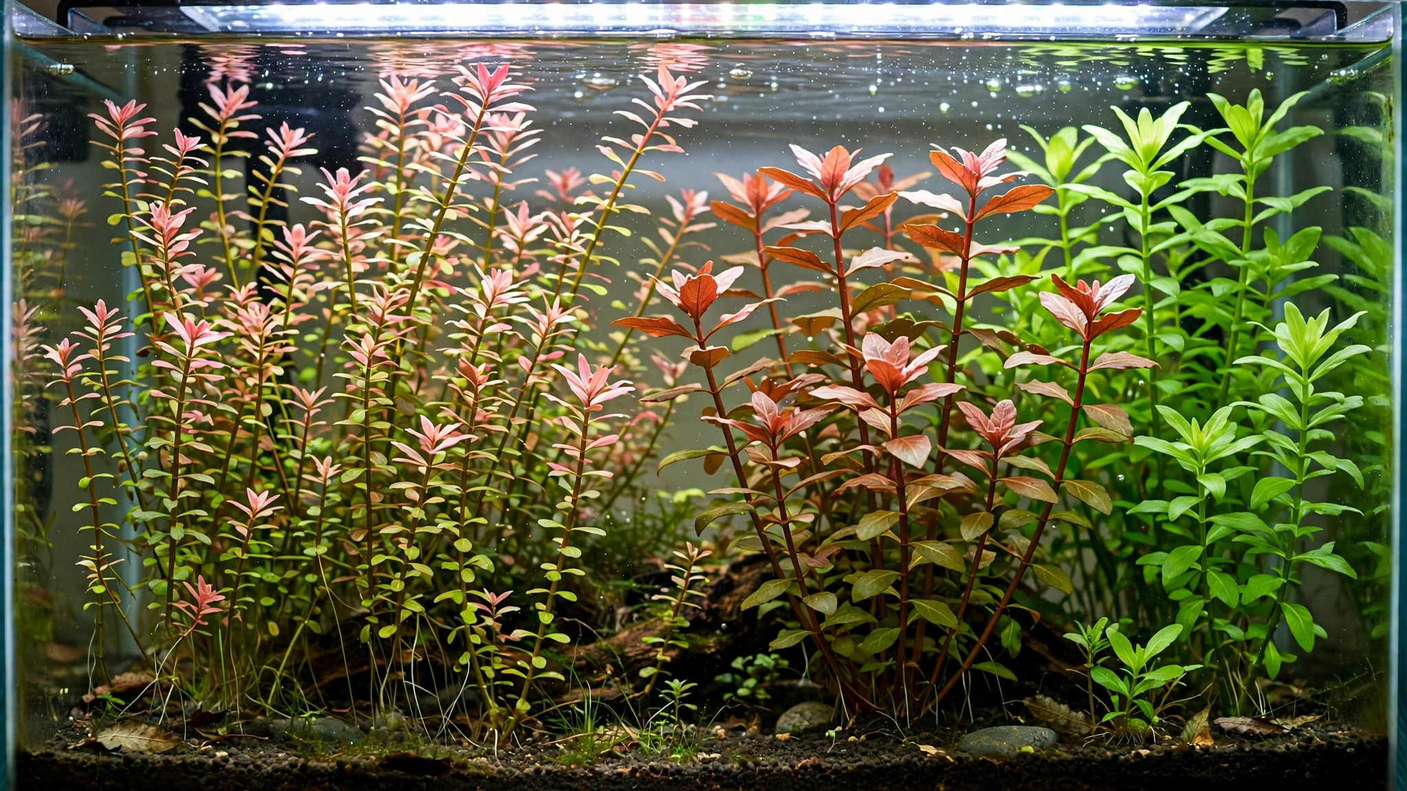 New aquarium densely planted with fast-growing green stem plants as a living filter against algae